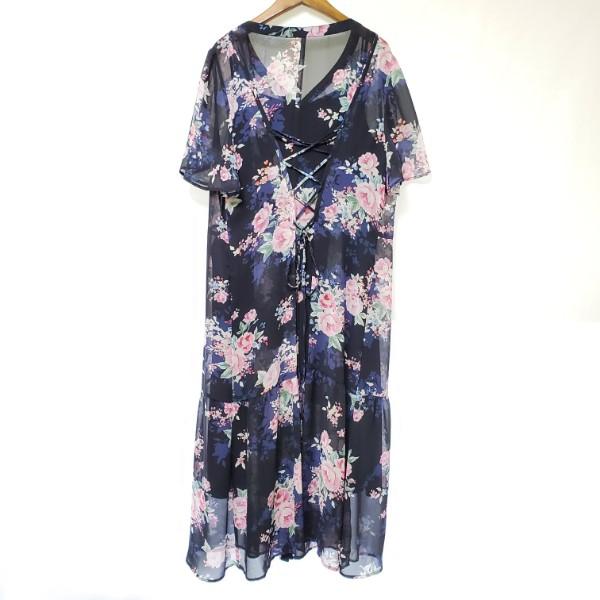 snc ローズティアラ Rose Tiara ワンピース 46 紺 ピンク 緑 花柄 半袖