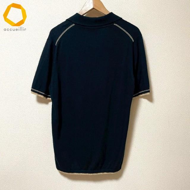 wpc エルメス HERMES ポロシャツ L 紺 ベージュ 半袖 ニット Vネック 