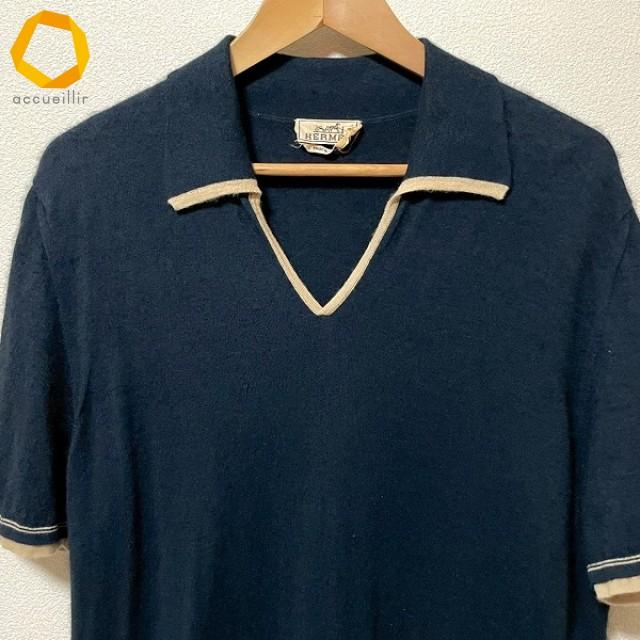 wpc エルメス HERMES ポロシャツ L 紺 ベージュ 半袖 ニット Vネック