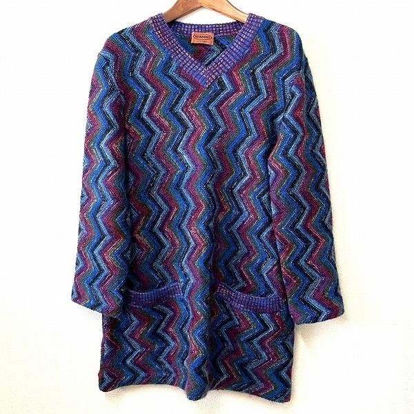 MISSONI イタリア製　マルチカラーチュニック wnc ミッソーニ MISSONI ニット・セーター チュニック 46 青 マルチ