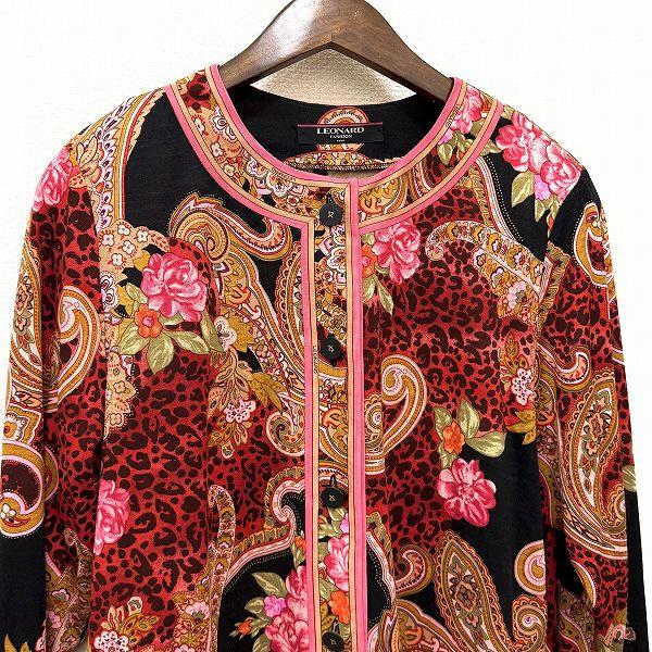 レオナール 花柄 シルク混 ノーカラー ジャケット カーディガン L〜XL 赤 anc レオナール LEONARD カーディガン LL 黒系 赤 ジャケット