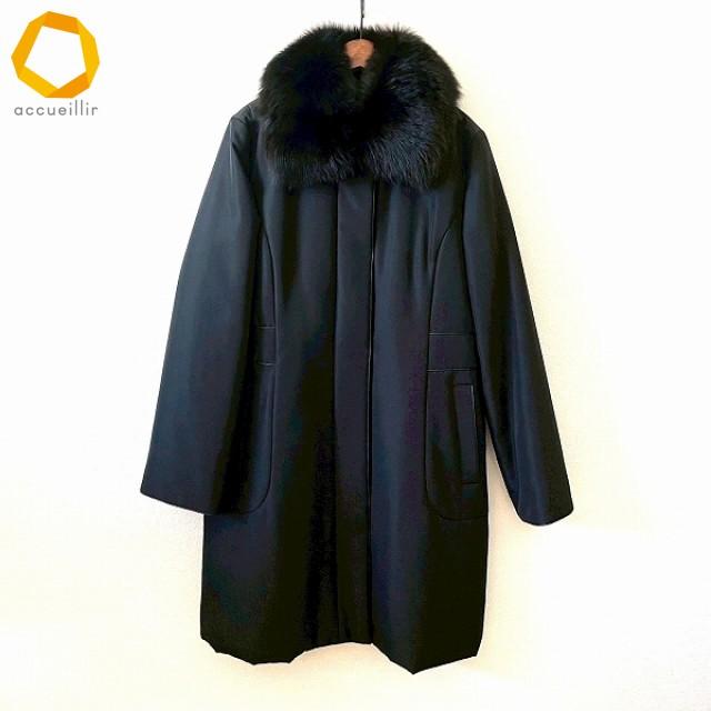wnc レリアン Leilian コート 9 黒 フォックスファー付き シルクコート