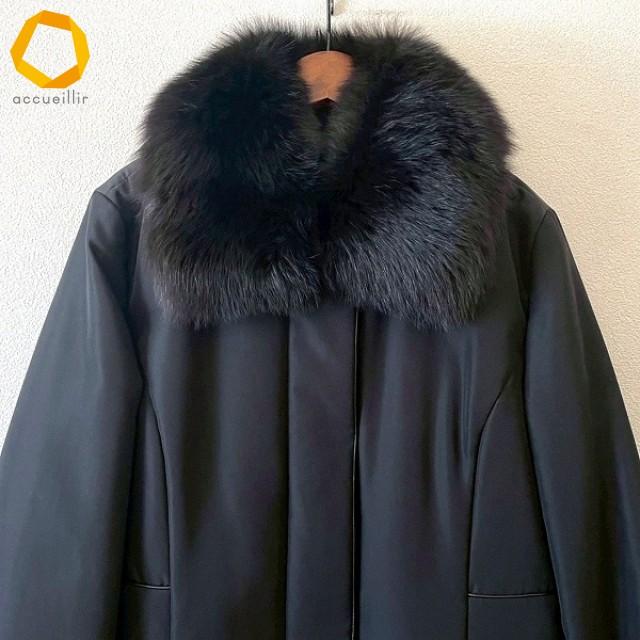 wnc レリアン Leilian コート 9 黒 フォックスファー付き シルクコート