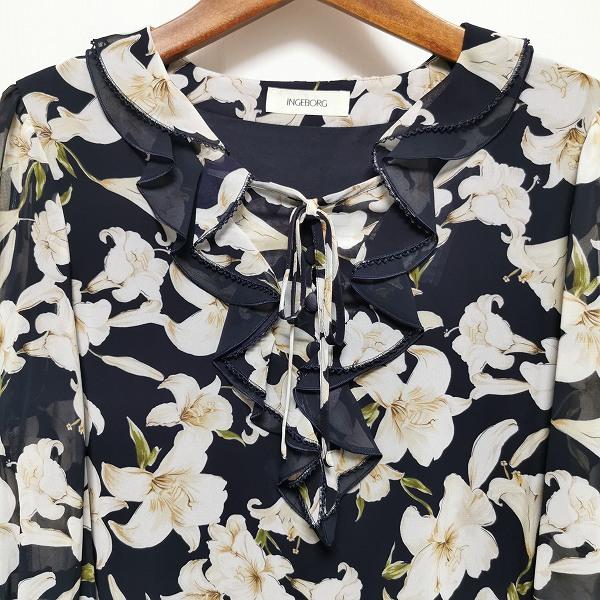 anc インゲボルグ INGEBORG ワンピース フレア 花柄 レース 9 紺 白