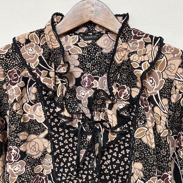 anc インゲボルグ INGEBORG シャツ ブラウス M 黒 茶色 ベージュ 花柄