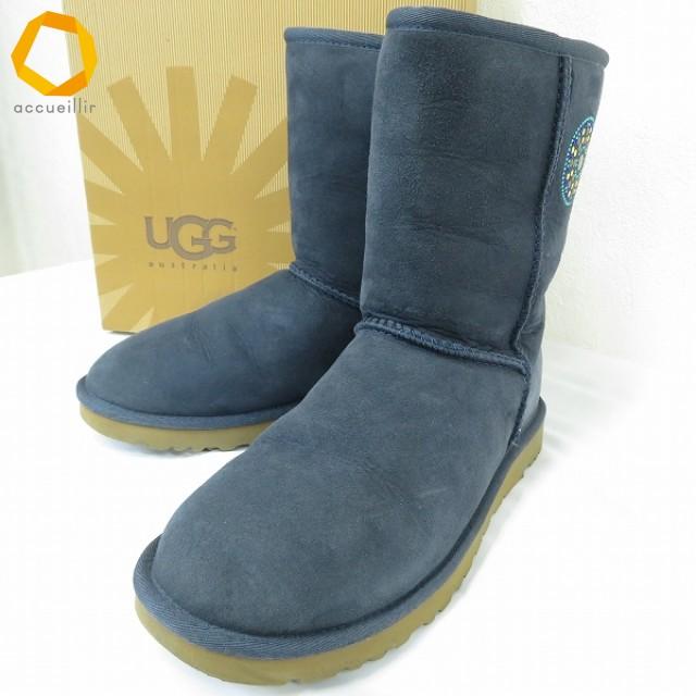 ws アグ UGG ブーツ ムートン ショート 25.0 紺系 マルチ ライン