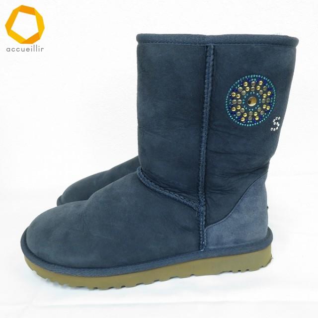 ws アグ UGG ブーツ ムートン ショート 25.0 紺系 マルチ ライン