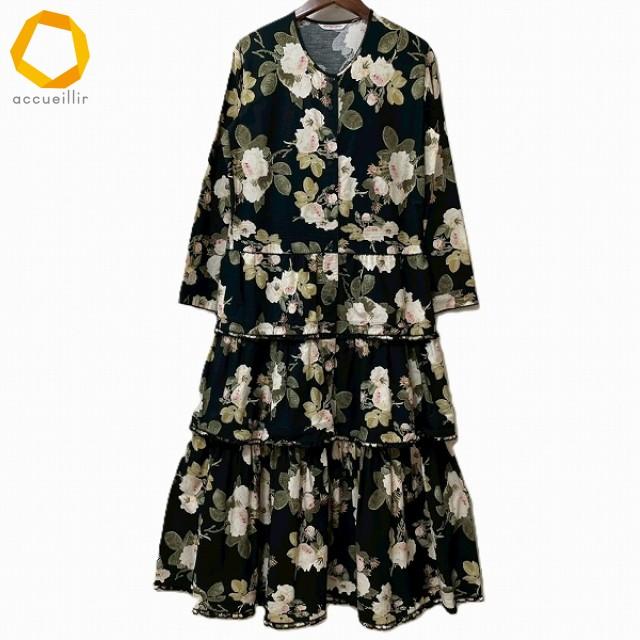 #akc ワンダフルワールド WONDERFUL WORLD カネコイサオ ワンピース 黒 花柄 ピンタック ピコフリル ティアード レディース [970516] | 