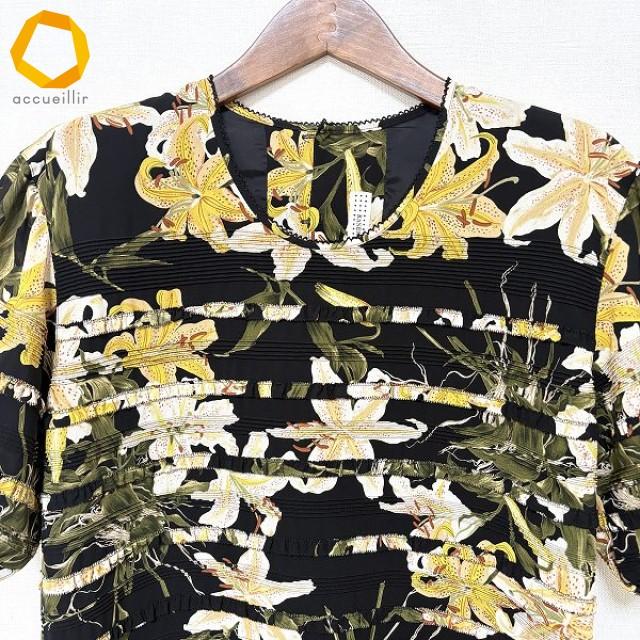 skc カネコイサオ KANEKO ISAO ワンピース 黒 花柄 フリル 半袖 美品