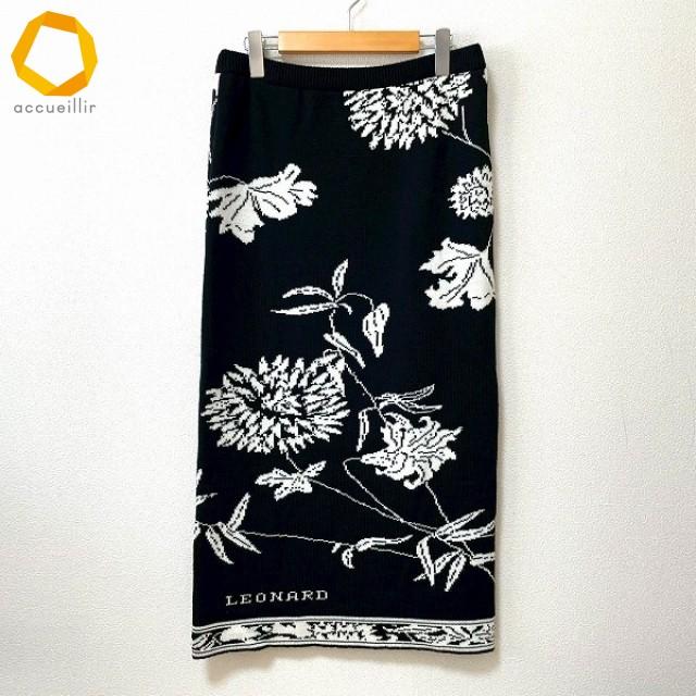 wnc レオナール LEONARD スカート 黒 白 ニット 花柄 ロゴ フランス製  