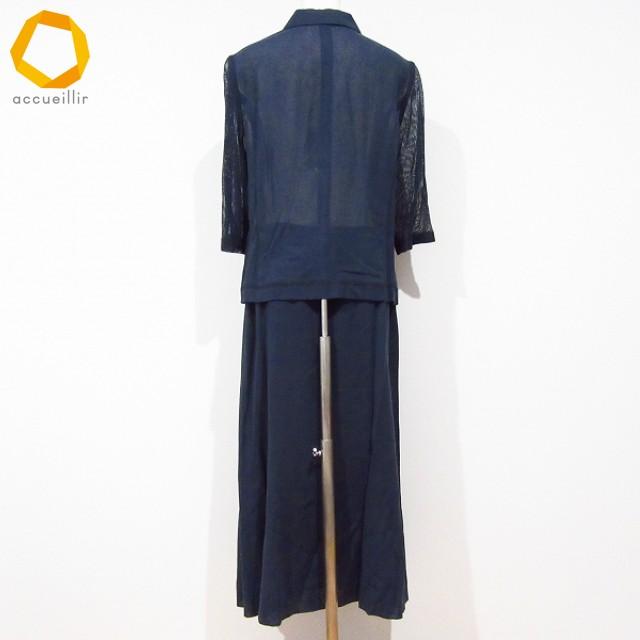 【美品】レリアン　セットアップ13号＋ snc レリアン Leilian セットアップ ツーピース 13+ 紺 麻 刺繍 大きい