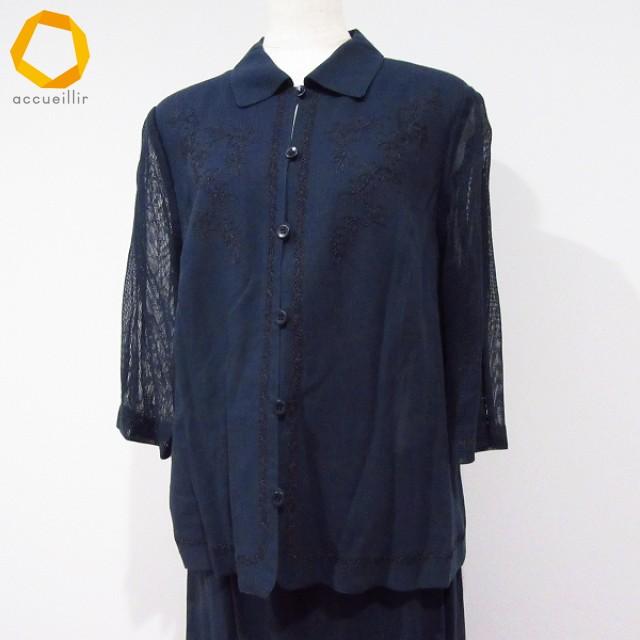 snc レリアン Leilian セットアップ ツーピース 13+ 紺 麻 刺繍 大きい
