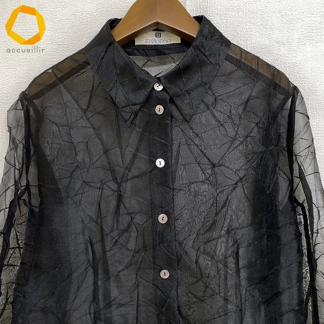 anc ジバンシィ GIVENCHY シャツ ブラウス 38 黒 シースルー シワ加工