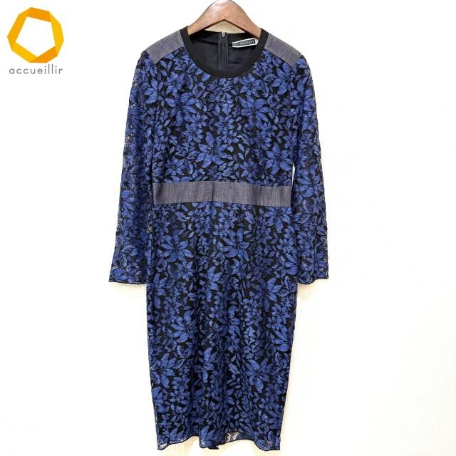 #anc マックスマーラ Maxmara SPORTMAX ワンピース S 青 黒 グレー 総レース 花柄 ビジュー 切替 異素材 デニム調 ...