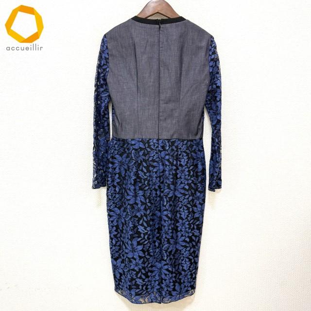 #anc マックスマーラ Maxmara SPORTMAX ワンピース S 青 黒 グレー 総レース 花柄 ビジュー 切替 異素材 デニム調 ...