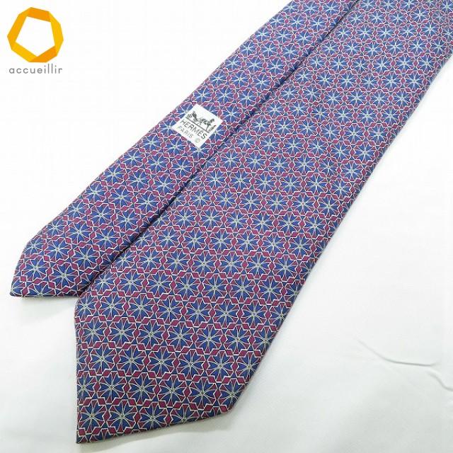 ae エルメス HERMES ネクタイ 赤紫 青 総柄 花柄 シルク フランス製 