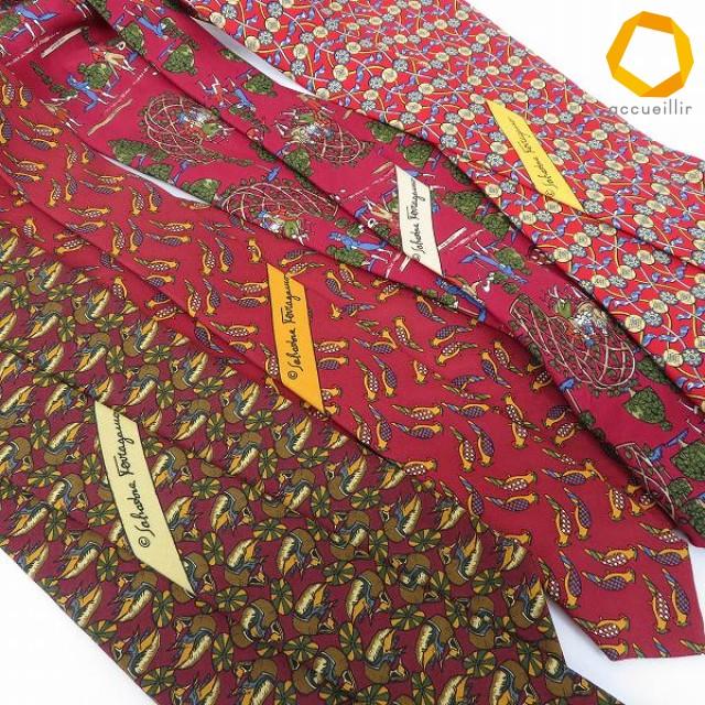 ae フェラガモ Ferragamo ネクタイ 4本 セット エンジ系 貴族柄 花柄