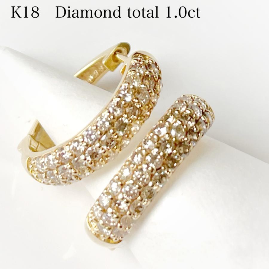 ダイヤモンド フープ ピアス K18 18金 1ct パヴェ レディース 中折れ