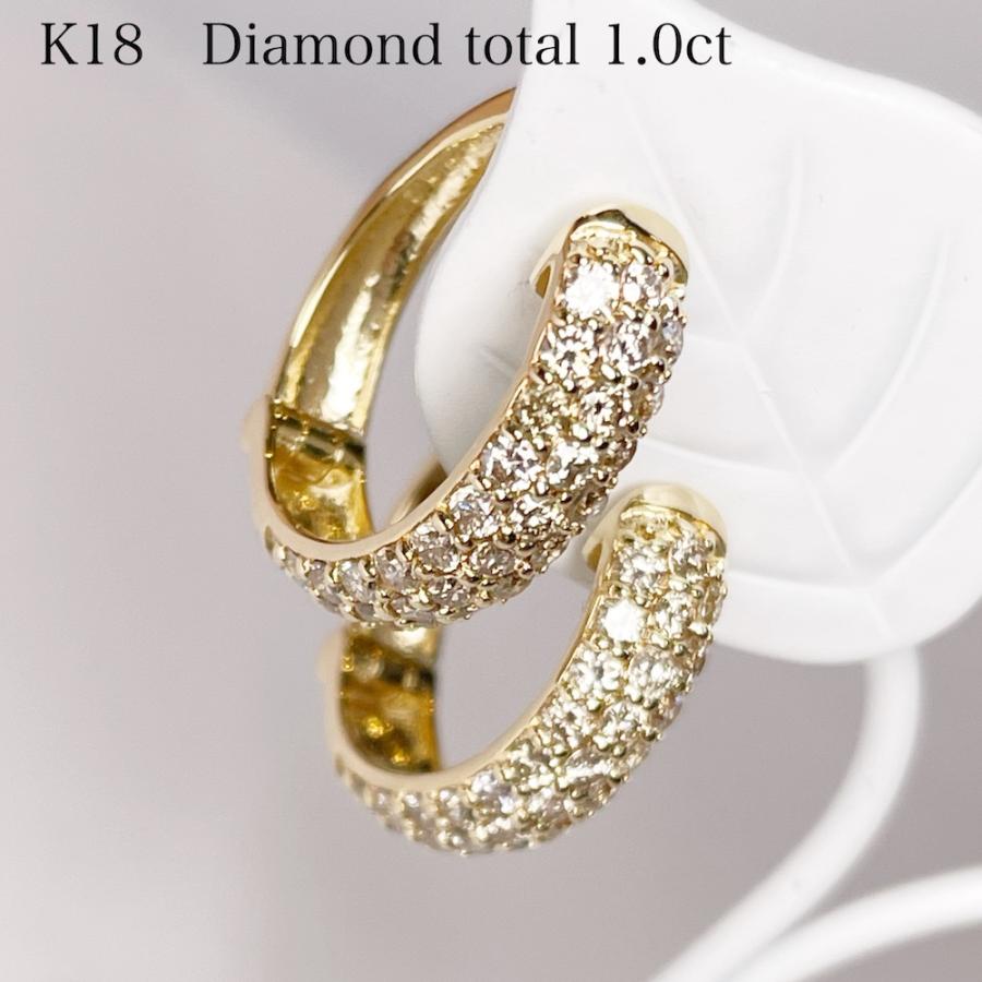 ダイヤモンド フープ ピアス K18 18金 1ct パヴェ レディース 中折れ