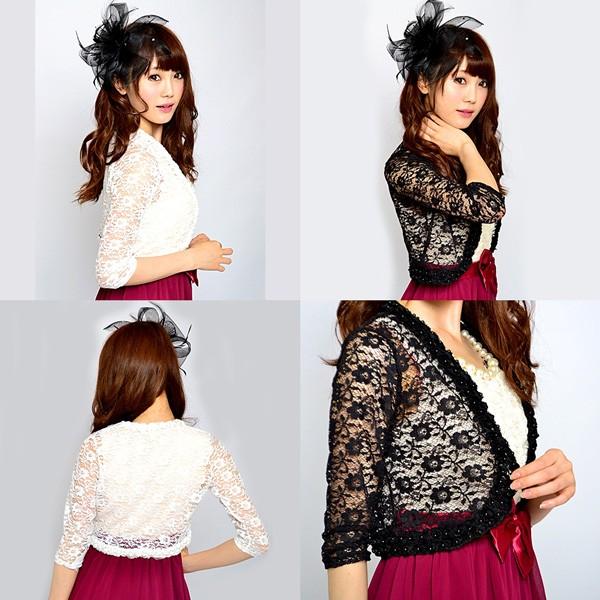 ボレロ パール付シフォンローズ花柄総レース5分袖ボレロ 9431 ドレス アウター レディース ２次会 パーティー |  | 02