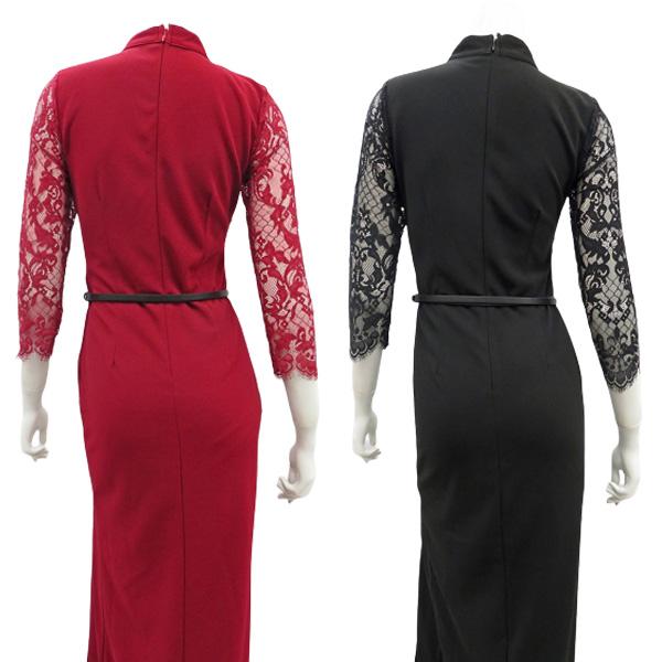 キャバドレス ワンピース ロングドレス レース７分袖 スリット ベルト付き ストレッチ タイトロングドレス IMPERIAL J-697 | IMPERIAL（スケートボード） | 02