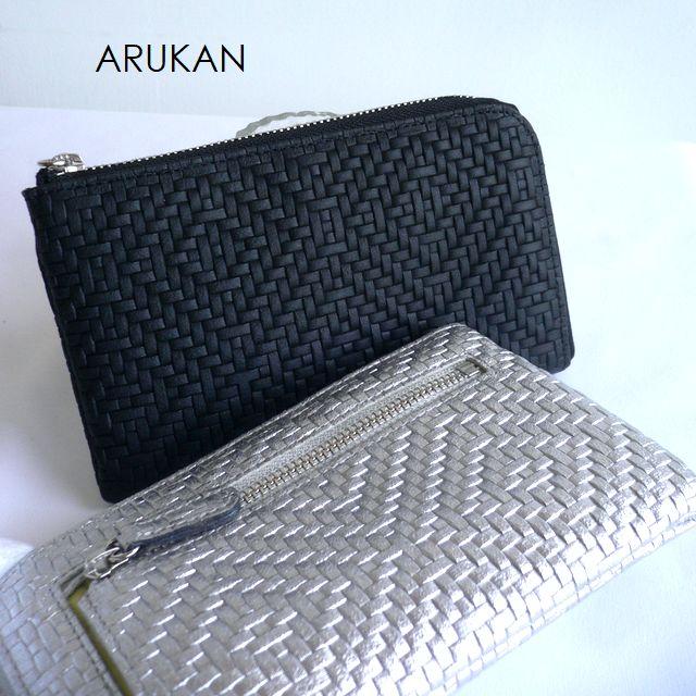 ノベルティ  ARUKAN アルカン ミドル L字ファスナー 折り財布 メッシュ型押し レザー パネロ 1412-709（旧1411-704） シルバー/ゴールド/ブラック | Arukan