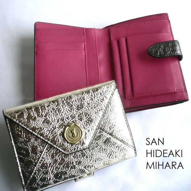 【洗練されたデザイン】　サンヒデアキミハラ　折財布 牛革型押し レター型　ピンク SAN HIDEAKI MIHARA - 【洗練されたデザイン】 サンヒデアキミハラ 折