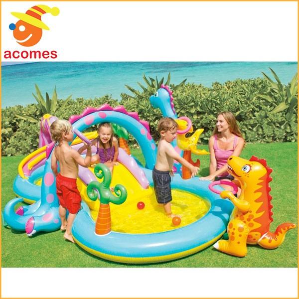 偉大な プール 家庭用 ビニールプール 人気 水遊び ダイノランド 膨らませる 遊具 家庭用 子供用 浅い シャワー すべり台 ボール遊び 数量は多 Esiba Tg
