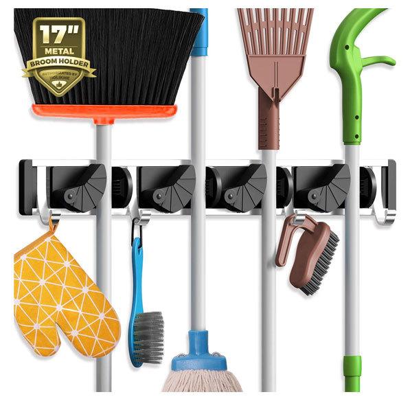 モップ ほうきホルダー 4ポジション 4フック 壁掛け収納 ウォールハンガー 掃除道具 キッチンツール ガーデニング