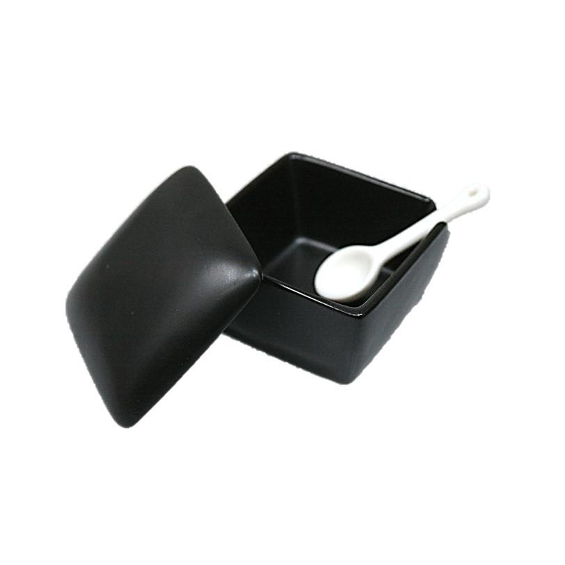 【数の指定OK】　黒　陶器　調味料入れ　薬味入れ　専用スプーン付き　17個セット 日本製 陶器 薬味入れ スプーン付き 黒マット 四角蓋物 一味 塩