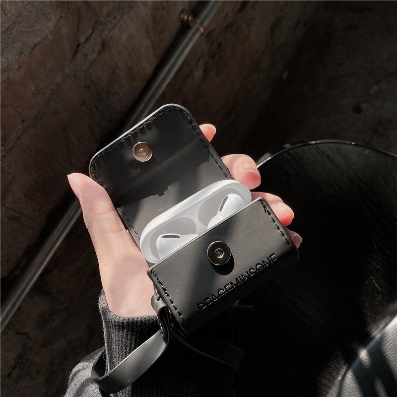 air pod 1/2ケース ブラック イヤホン ストラップ付き エアポッド 本革風 シンプル ブラック ストラップ付き AirPods/AirPodsproケース