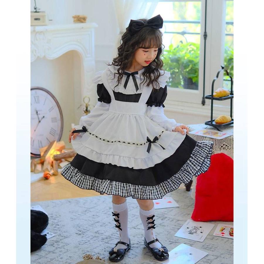 子供用 コスプレ メイド服 キッズ ハロウィン衣装 コスチューム メイド仮装  長袖 半袖 変換可 可愛い ワンピース カチューシャ付き エプロン リボン 5点セット｜actesanzaistore｜06