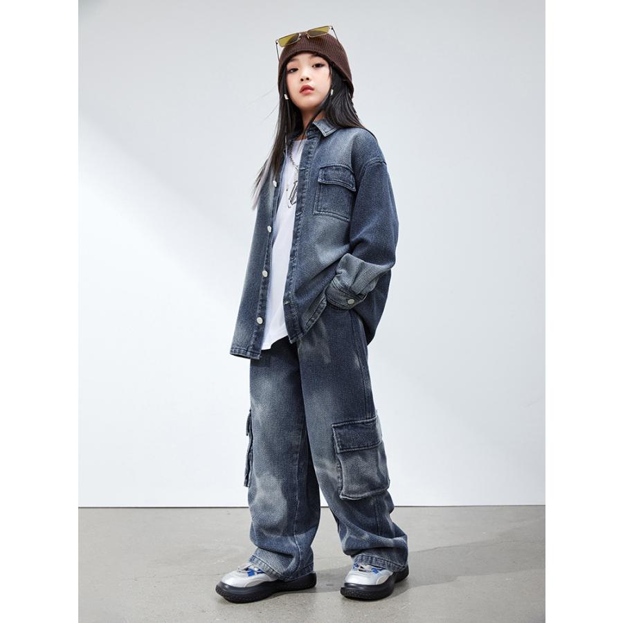 デニム 上下 ダンス 衣装 キッズ セットアップ デニム ジャケット デニムベスト ジーンズ 子供服 ストリート デニムパンツ ガールズ ヒップホップ 男の子 女の子｜actesanzaistore｜07