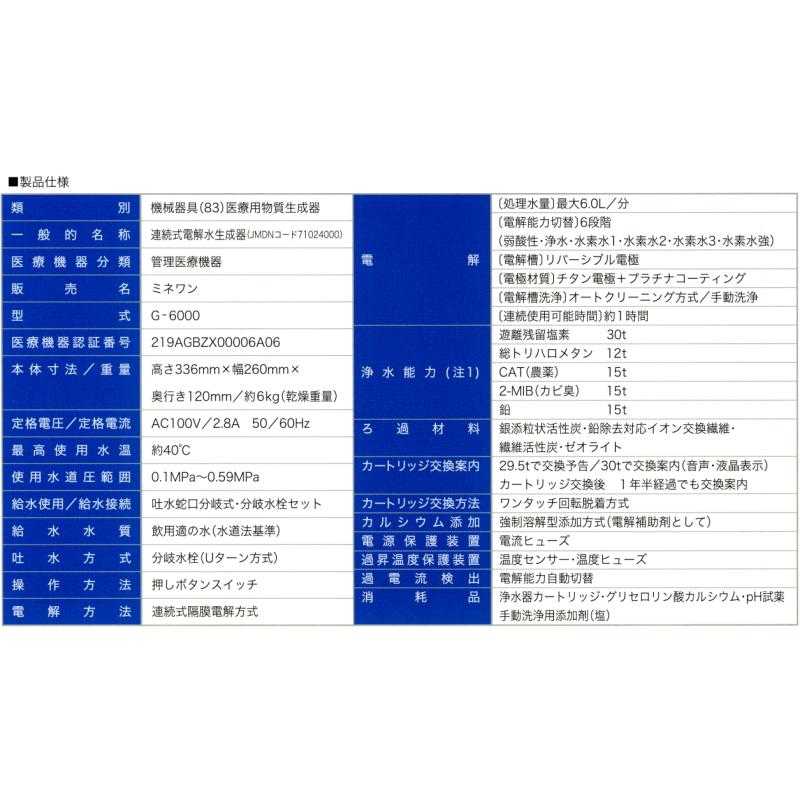 医療用電解還元水素水生成器 グランツ・ミネHワン G-6000