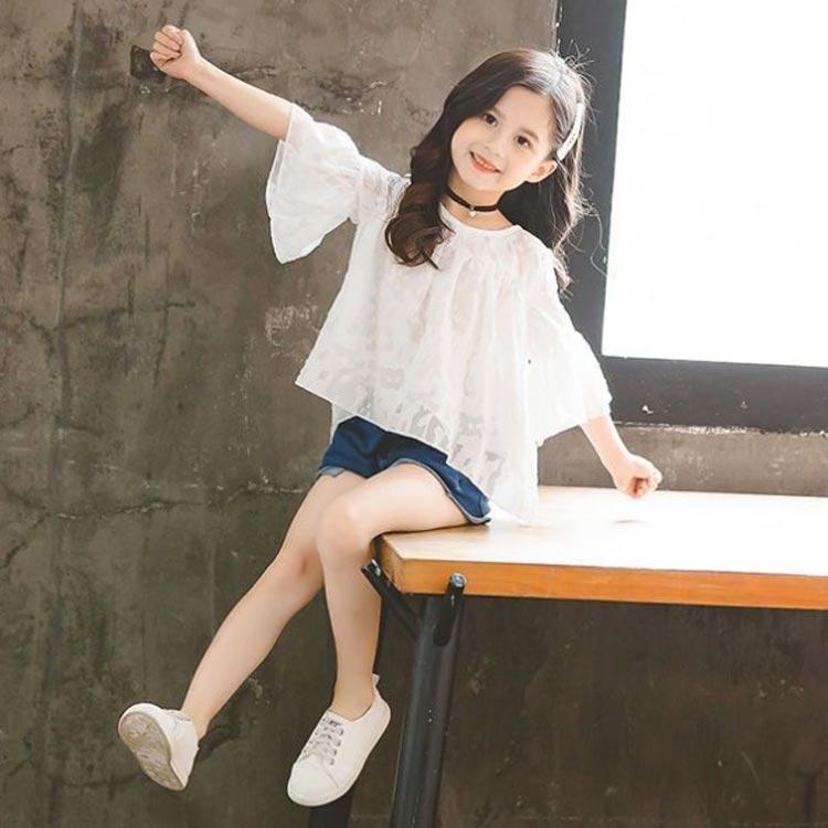 女の子 シフォンブラウス ブラウス キッズ レースブラウス 7分袖 透け感 可愛い フレア袖 子供服 ガールズ おしゃれブラウス トップス ジュニア |  | 01