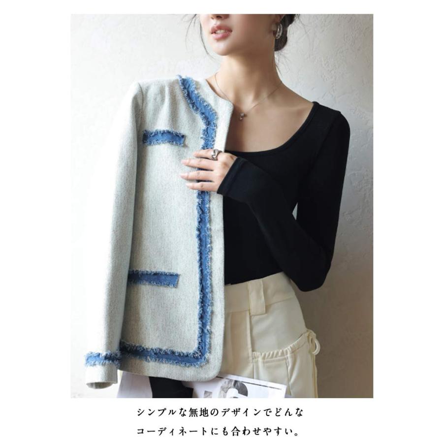 カットソー 深め Uネック 長袖Tシャツ レディース 深あき インナー 襟ぐり広め デコルテ ラウンドネック ロンT 重ね着 シンプル 無地 すっきり |  | 10