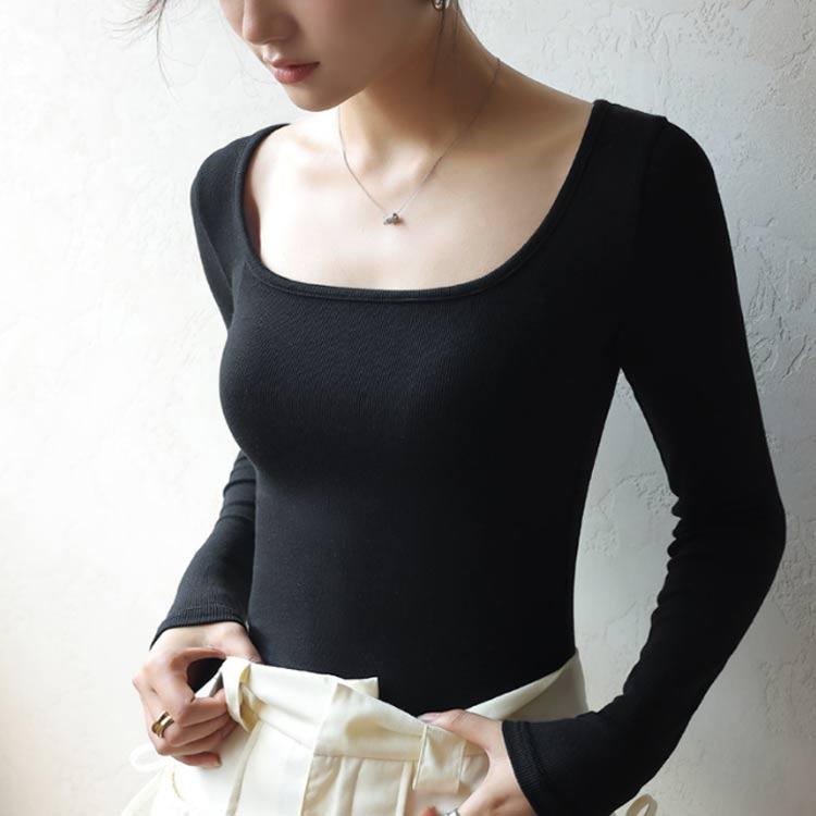 カットソー 深め Uネック 長袖Tシャツ レディース 深あき インナー 襟ぐり広め デコルテ ラウンドネック ロンT 重ね着 シンプル 無地 すっきり |  | 01