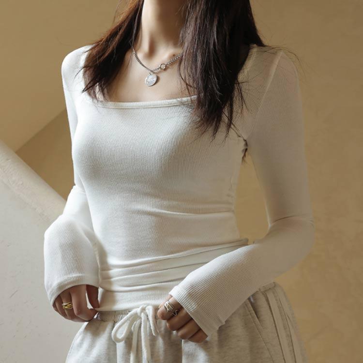 カットソー 深め Uネック 長袖Tシャツ レディース 深あき インナー 襟ぐり広め デコルテ ラウンドネック ロンT 重ね着 シンプル 無地 すっきり |  | 02