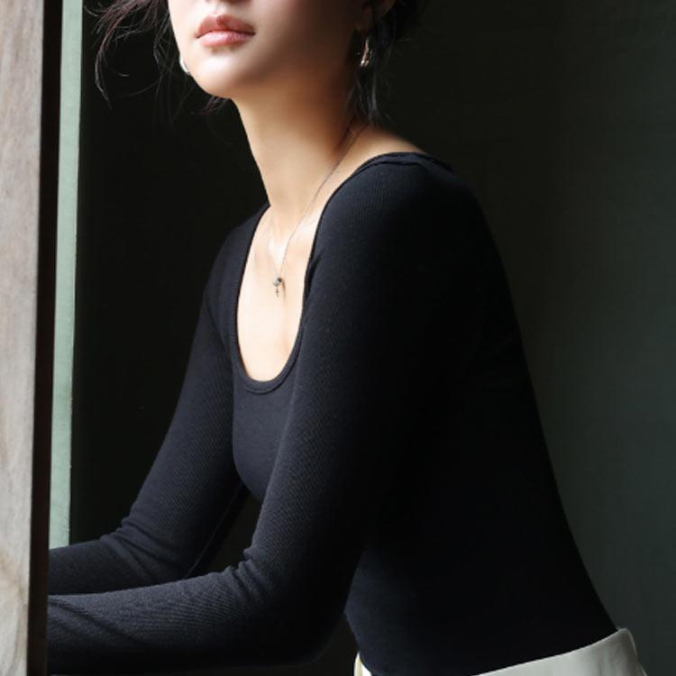 カットソー 深め Uネック 長袖Tシャツ レディース 深あき インナー 襟ぐり広め デコルテ ラウンドネック ロンT 重ね着 シンプル 無地 すっきり |  | 04