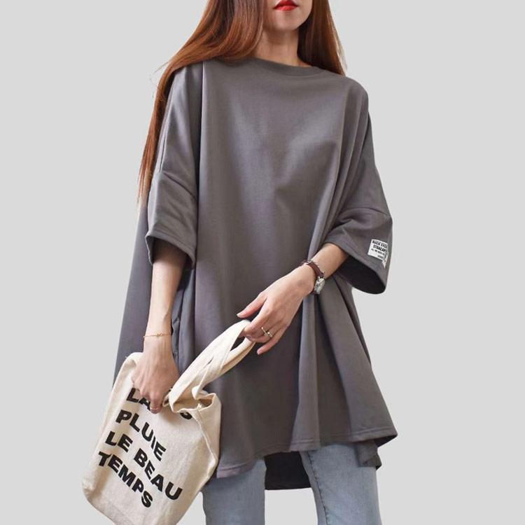 半袖ロングTシャツ レディース ティシャツ チュニック ロング丈 トップス カットソー 無地 5分袖 ビッグシルエット ドロップショルダー ゆったり |  | 02