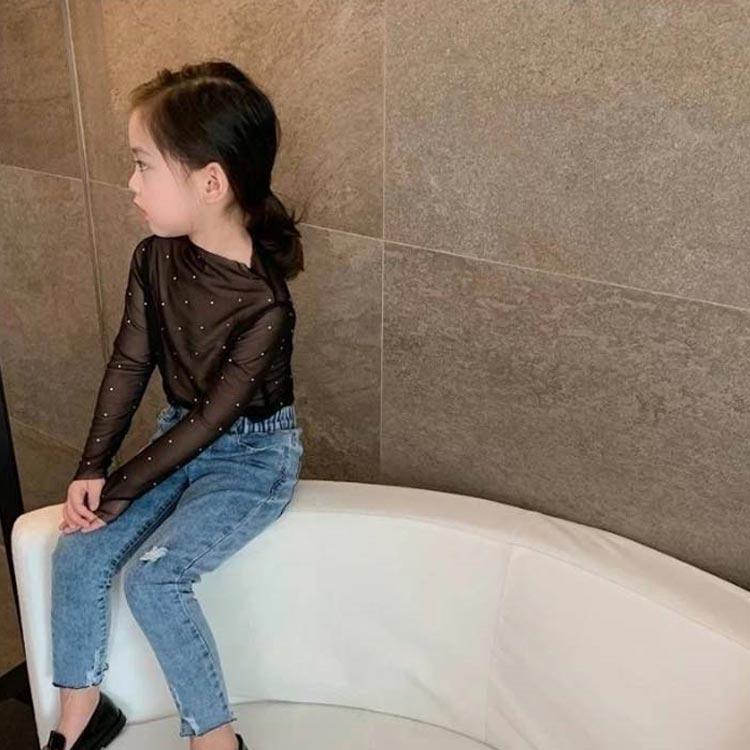 【2枚セット】キッズ シアートップス スパンコール 女の子 レイヤード 薄手 長袖Tシャツ 無地 きらきら おしゃれ 長袖 カットソー 重ね着 子供服 |  | 01