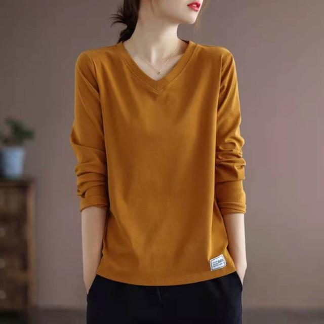 カットソー ロンT Vネック Tシャツ レディース 長袖 ティシャツ トップス インナー シンプル オフィス カジュアル 長袖tシャツ おしゃれ 無地 |  | 03