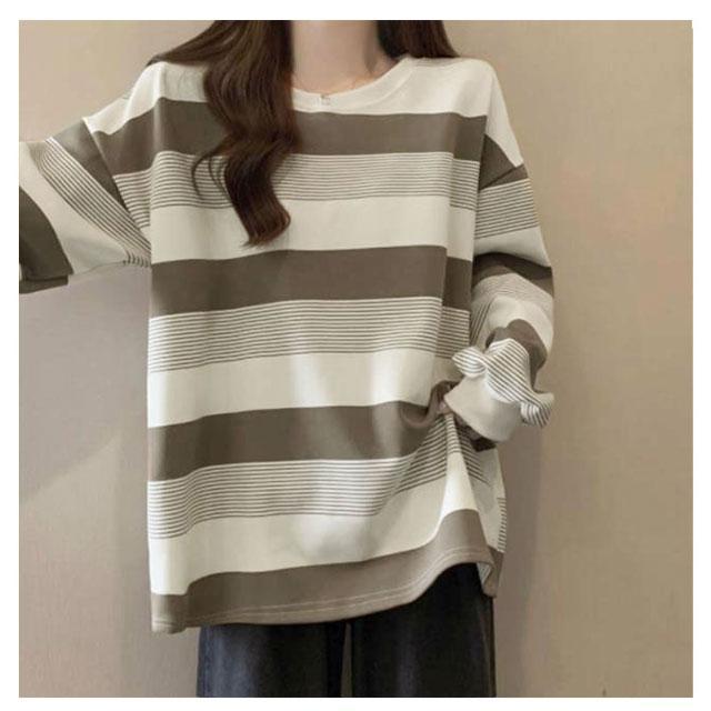 ゆったり お洒落 ロングTシャツ オーバーサイズ ゆるっと ロンT 韓国 ボーダー レディース トップス カットソー 韓国 春 秋 長袖tシャツ リラ |  | 10