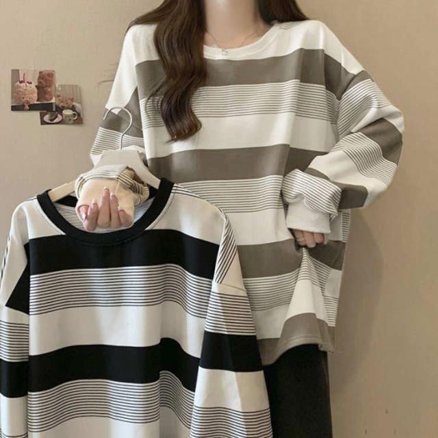 ゆったり お洒落 ロングTシャツ オーバーサイズ ゆるっと ロンT 韓国 ボーダー レディース トップス カットソー 韓国 春 秋 長袖tシャツ リラ |  | 01