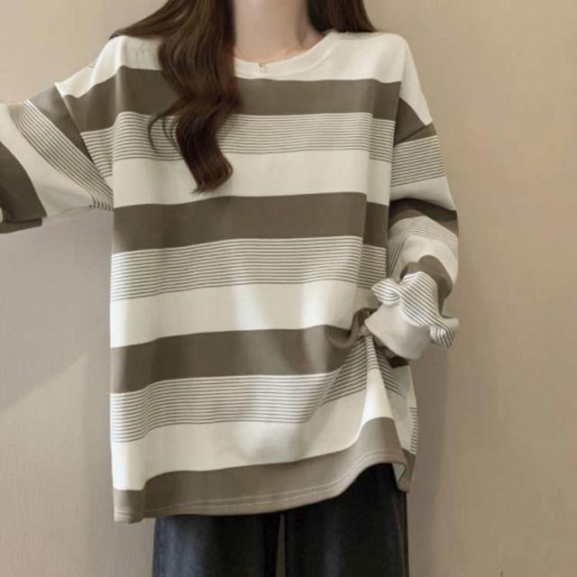 ゆったり お洒落 ロングTシャツ オーバーサイズ ゆるっと ロンT 韓国 ボーダー レディース トップス カットソー 韓国 春 秋 長袖tシャツ リラ |  | 03