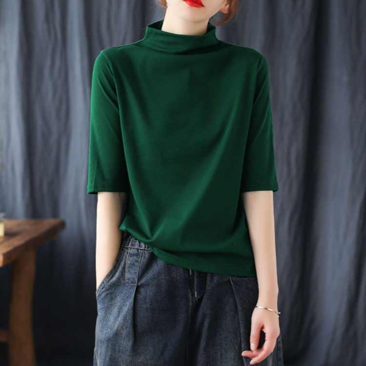首もとをおしゃれに隠せる！ハイネック 半袖 tシャツ レディース 5分袖 トップス ゆったり 夏服 ボトルネック uvカット ハイネックtシャツ カッ |  | 02