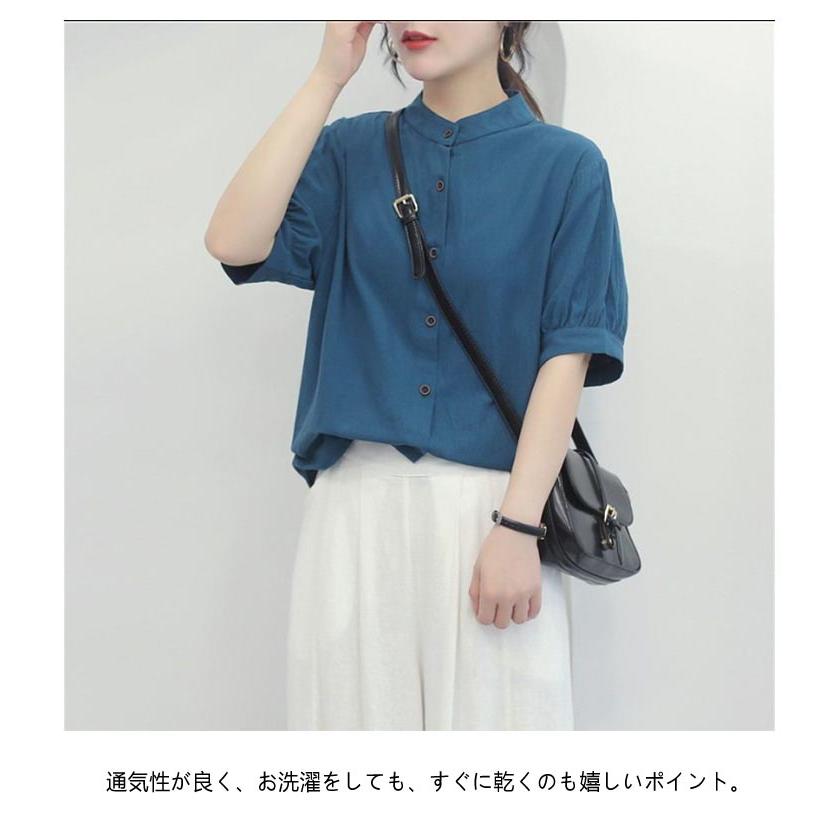 綿麻シャツ 夏 レディース 半袖 ブラウス 無地 バンドカラー スタンドカラー トップス 綿混 シャツブラウス 白 シャツ 大きいサイズ 体型カバー |  | 11