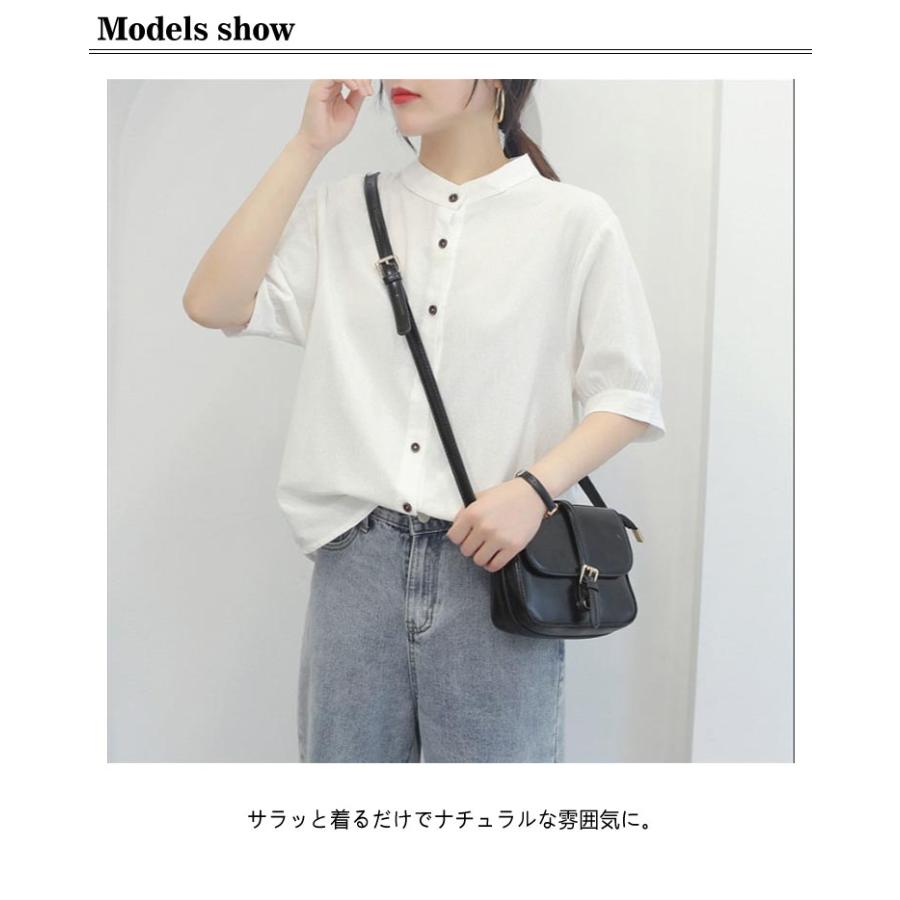 綿麻シャツ 夏 レディース 半袖 ブラウス 無地 バンドカラー スタンドカラー トップス 綿混 シャツブラウス 白 シャツ 大きいサイズ 体型カバー |  | 07