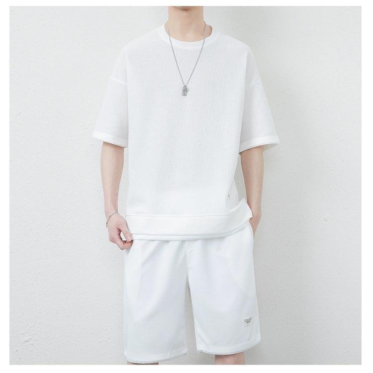 ワッフル生地 セットアップ メンズ 夏 ジャージ スウェット 上下セット 半袖 Tシャツ ハーフパンツ 2点セット シンプル 短パン 部屋着 普段着 |  | 12