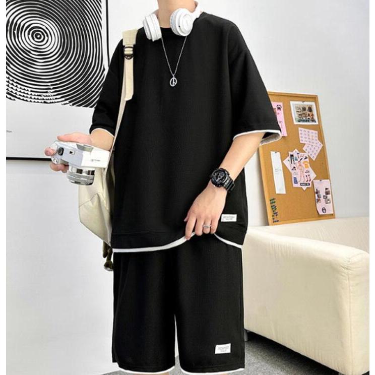 ワッフル生地 セットアップ メンズ 夏 ジャージ スウェット 上下セット 半袖 Tシャツ ハーフパンツ 2点セット シンプル 短パン 部屋着 普段着 |  | 13